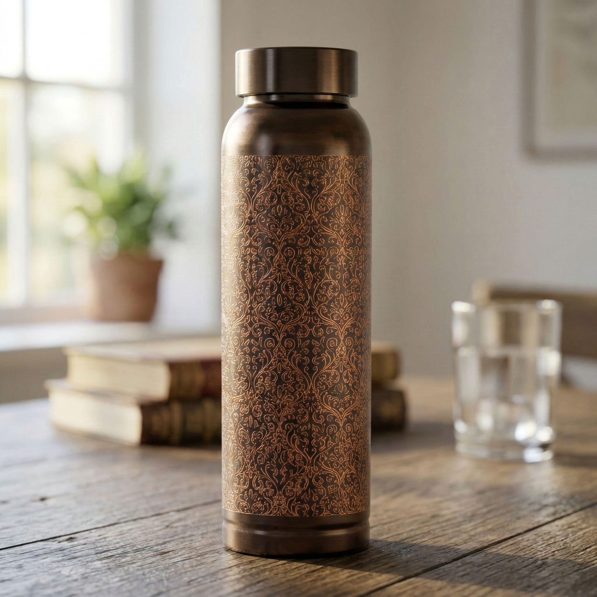 Pure copper drinkware bottle with antique dark embossed design - 900 ML 173